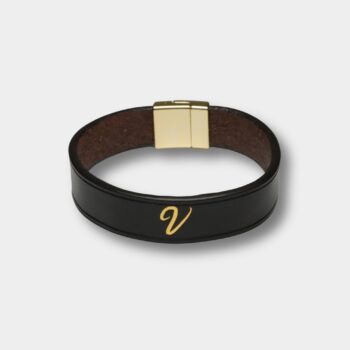 Ručne vyrábaný kožený náramok Dark Brown Gold Logo V – talianska hladenica – Verniny